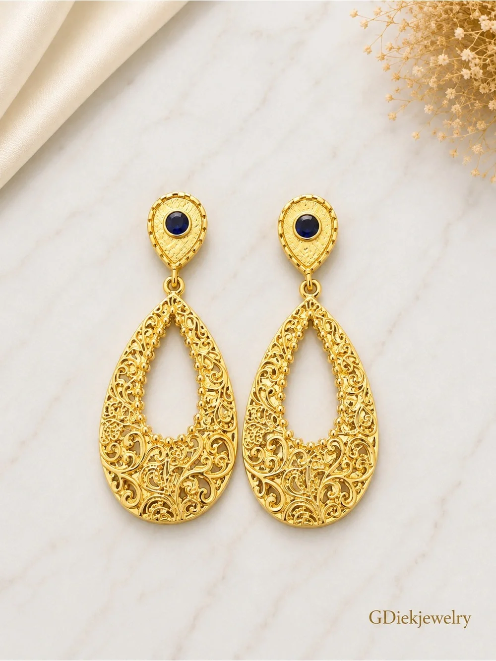 Goldfilled Filigree Teardrop Earrings with Blue Accent